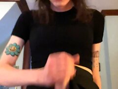 Tattood shemale tranny plays with ass during masturbation