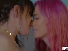 Seductive shemale fuck the pussy of her pink haired roommate