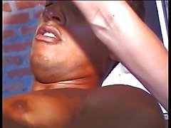 Hot blonde shemale swallows a thick black cock then fucks