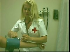 Tranny in red dress gets blowjob and fucks pussy and ass of blond nurse