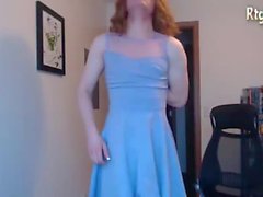 redhead tranny Princess in beautiful blue silk dress stroking her cock