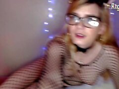 hot american glasses tgirl in fishnet lingerie gets anal fucking by lucky guy